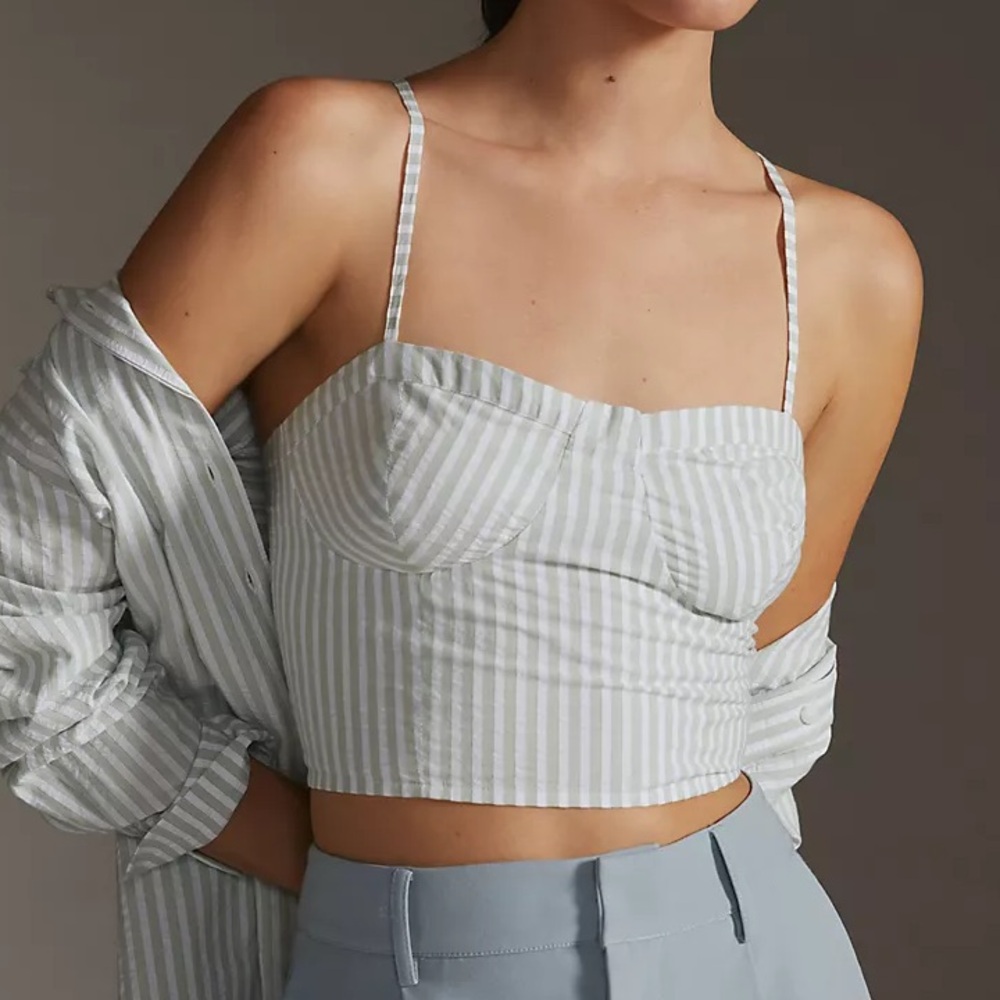 Anthropologie Bustier Cropped Tank Top Women’s Small Stripes White/Green Cotton